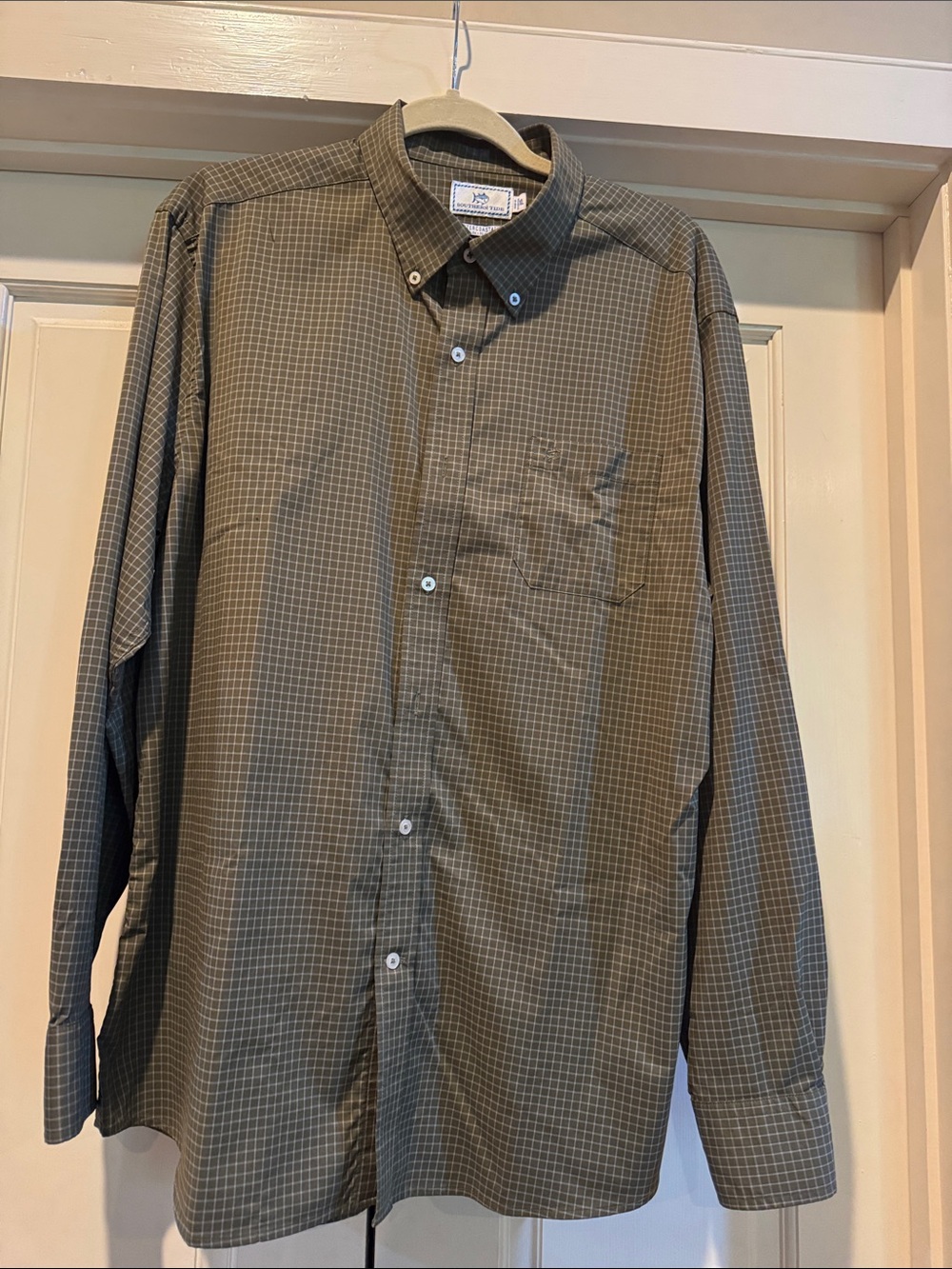 Southern Tide Olive Green Grid Button-Down Shirt